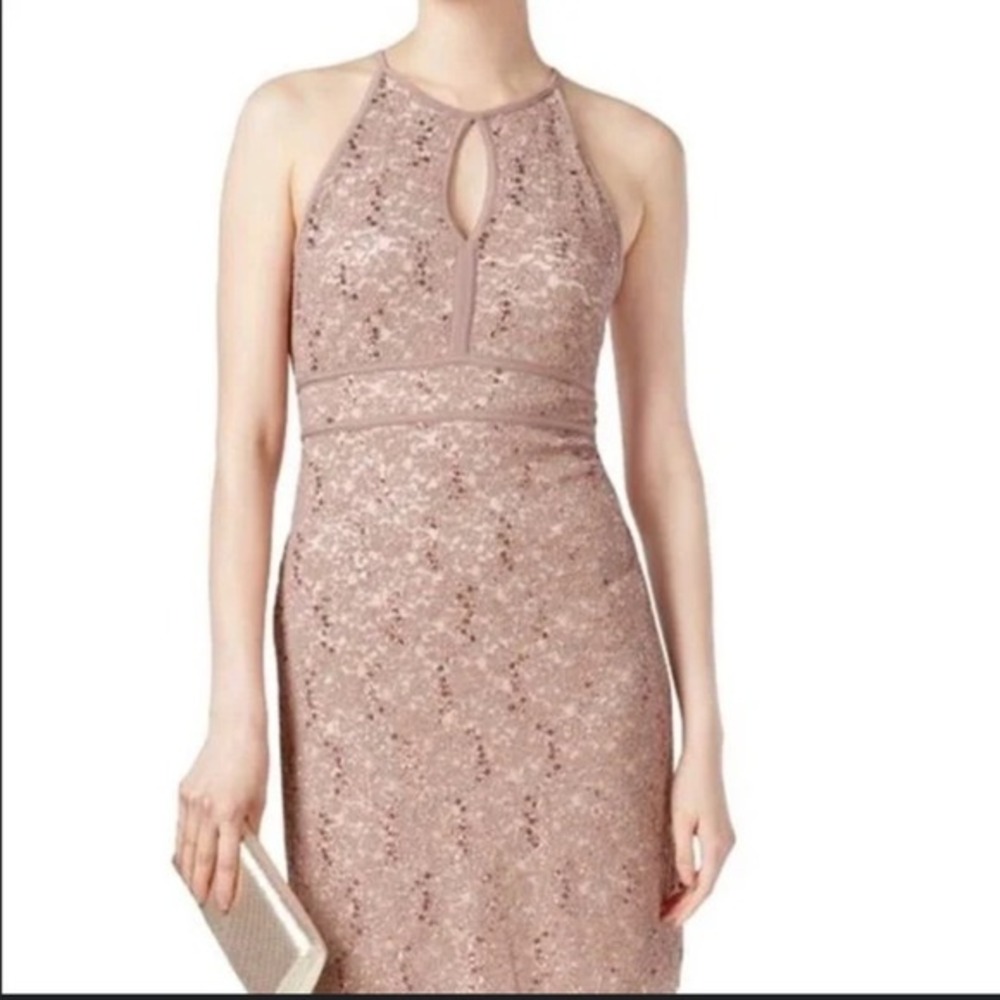 NIGHTWAY Taupe Sequin Floral Lace Halter‎ Neck Keyhole Cocktail Dress Sleeveless
